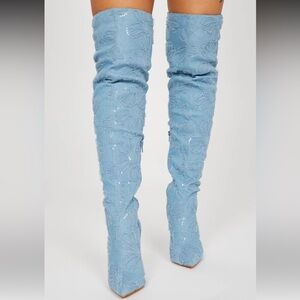 Fashion Nova Denim Sequin High Knee Heels Boots, cow girl boots, denim boots